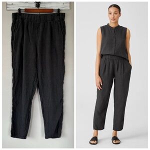 EILEEN FISHER L Puckered Organic Linen Tapered Pants in Black • Grey Gingham
